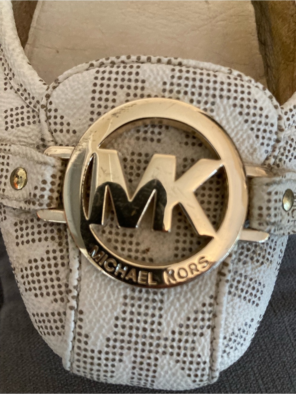 Michael Kors Cream and Gold MK Logo Loafers